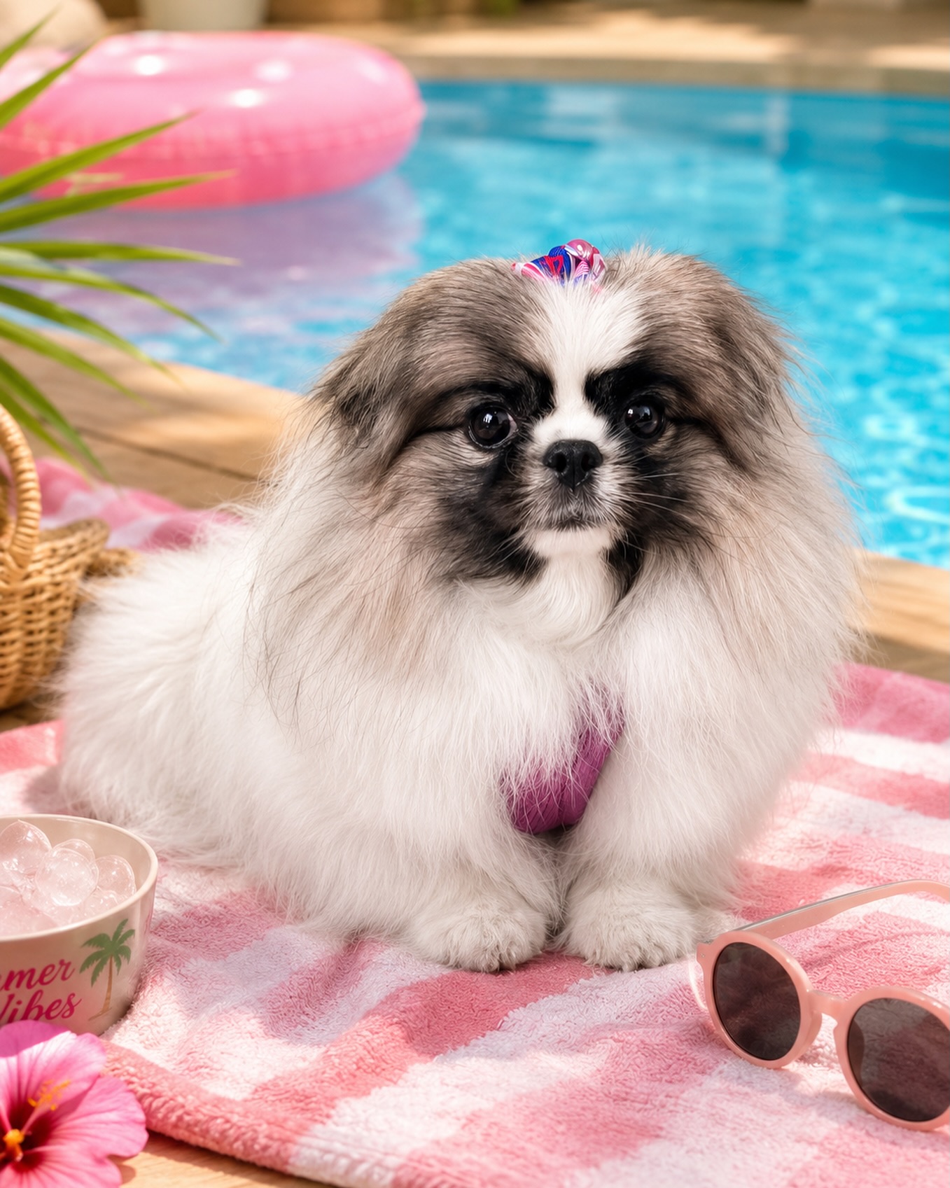 Dog with towel turban after grooming session